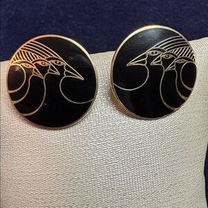 Laurel Burch VTG Celestial Birds Black-Gold Pierced Earrings